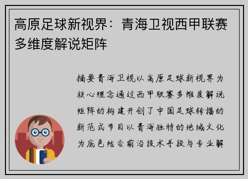高原足球新视界：青海卫视西甲联赛多维度解说矩阵